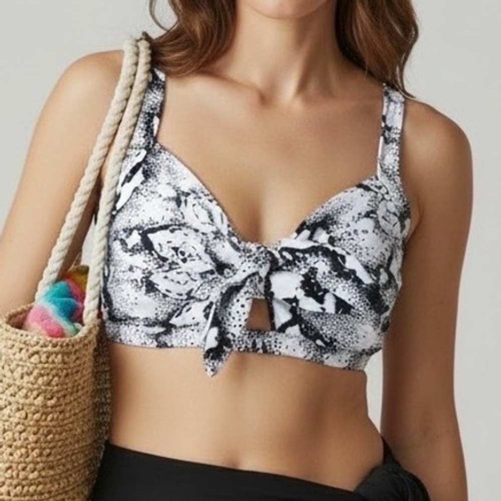 Bikini Top Women Large D Cup White Black Snakeskin Tie Front Swim Beach Resort